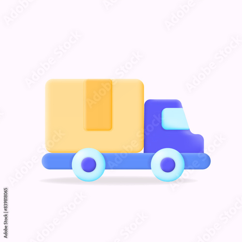 Colorful cartoon-style delivery truck with a large package, ideal for logistics and shipping services, 3d icon vector illustration