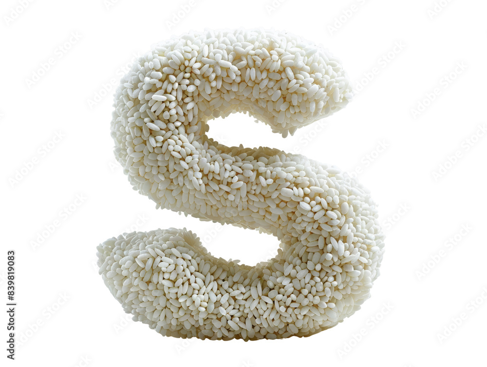 Creative food alphabet letter S crafted with white rice grains on a white background, perfect for culinary design projects. Creative food alphabet letter S crafted with white rice grains on a white background, perfect for culinary design projects.
