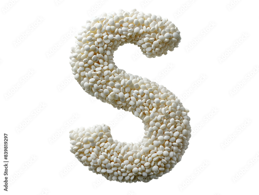 Close-up of the letter 'S' formed with textured white particles against a transparent background, ideal for creative design projects. Close-up of the letter 'S' formed with textured white particles against a transparent background, ideal for creative design projects.