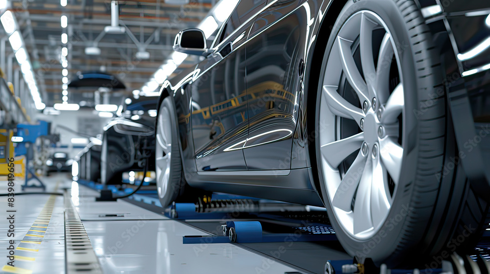 Fototapeta premium Mass production assembly line of electric vehicle close-up view.