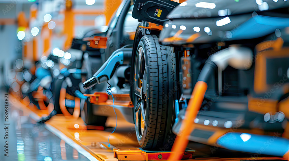 Fototapeta premium Mass production assembly line of electric vehicle close-up view.