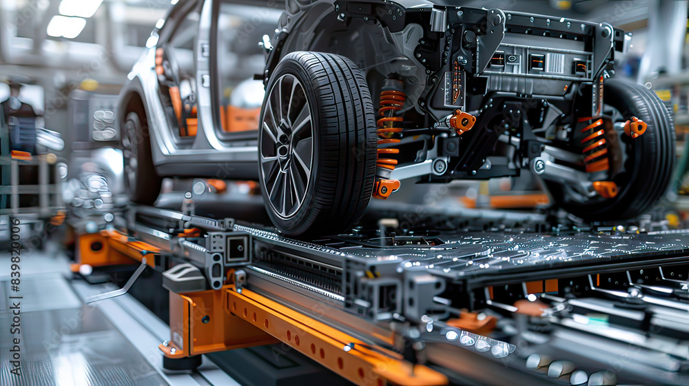 Mass production assembly line of electric vehicle close-up view. Mass production assembly line of electric vehicle close-up view.