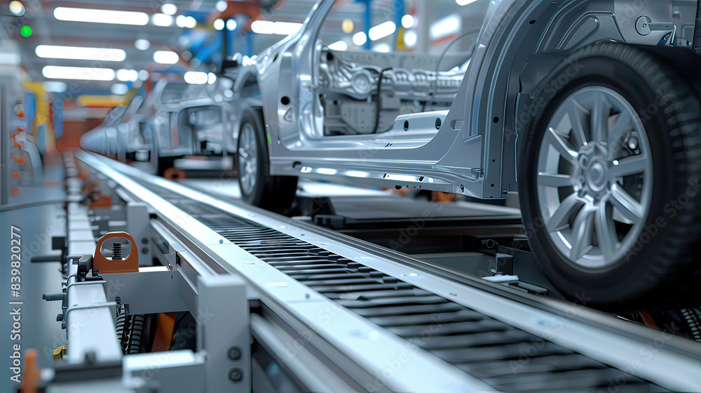 Mass production assembly line of electric vehicle close-up view. Mass production assembly line of electric vehicle close-up view.