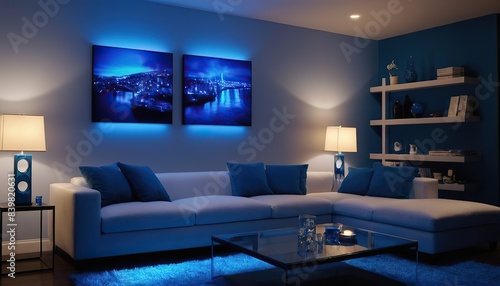 Modern luxury bed room night view blue led light © soyibakter
