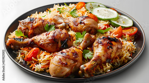Plate of tasty chicken biryani with leg pieces and vegetable slices on transparent background