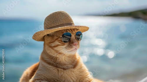 Relaxing orange tabby cat wearing straw hat and sunglasses by the sea 