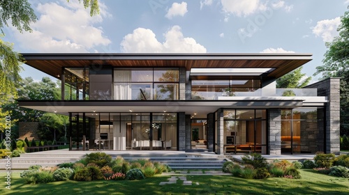 Modern contemporary house exterior with luxury details, landscaping, stone, wood, glass, lots of large windows © Khalif