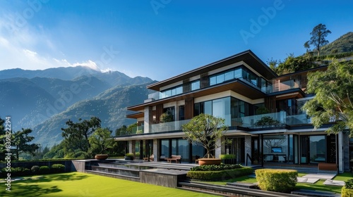 Modern Chinese style villa with a large yard, mountainous vista, glass curtain wall, valley landscape, high definition photographs.  © Khalif
