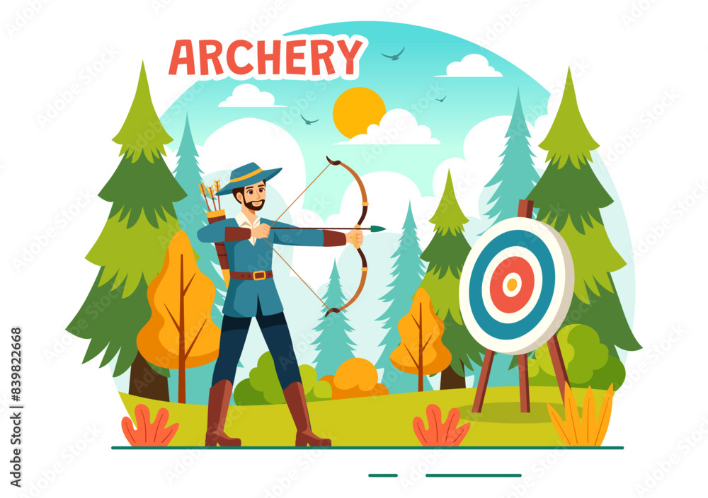 Fototapeta premium Vector Illustration of Archery Sport with a Bow and Arrow Aiming at a Target, Depicting an Outdoor Recreational Activity in a Flat Cartoon Background