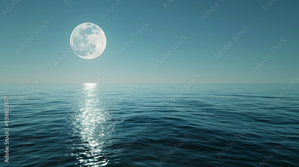 A calm sea under the light of the full moon, with its reflection creating a tranquil and mesmerizing scene. A calm sea under the light of the full moon, with its reflection creating a tranquil and mesmerizing scene.