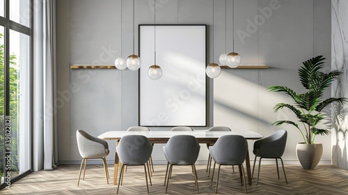 Modern concept interior of dining room with empty white picture frame. 3D Rendering  3D Illustration