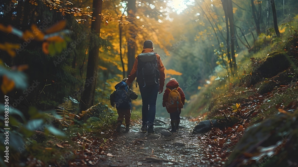 Family Exploring Autumn Forest Trail Together on Nature Adventure Family Exploring Autumn Forest Trail Together on Nature Adventure