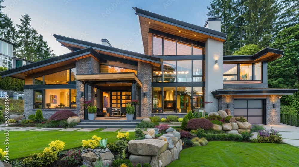Modern contemporary house exterior with luxury details, landscaping, stone, wood, glass, lots of large windows