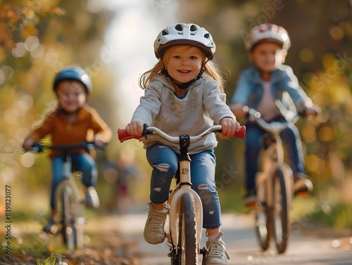 Children Riding Bikes with Parents Enjoying Family Happiness and Outdoor Adventure