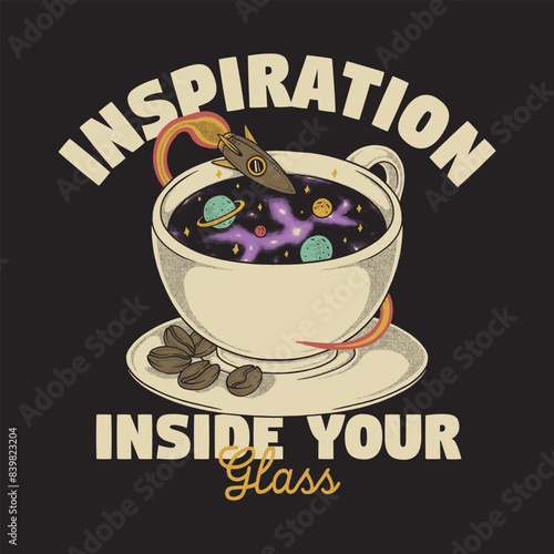 retro cartoon emblem of galaxy inside the coffee cups