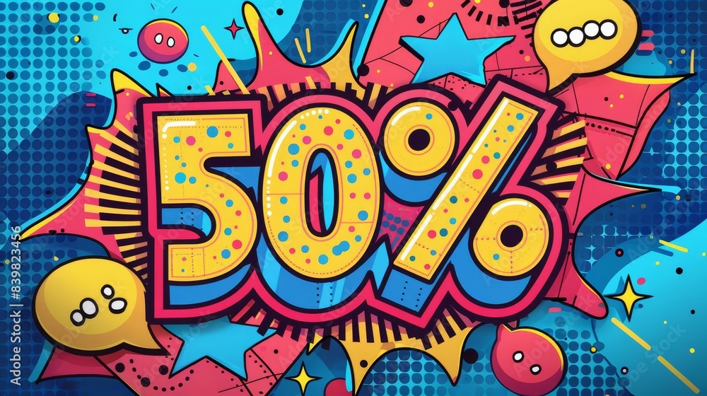 Obraz premium A sticker with comic style text 50% on a white background featuring colorful cartoon patterns and speech bubbles