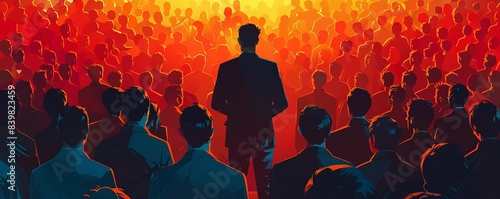 A man in a suit is giving a speech to a large crowd of people