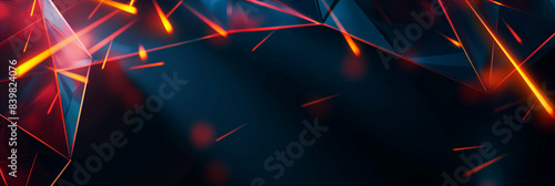 Abstract banner background with glowing red and blue polygonal shapes and orange lines on a dark background 
