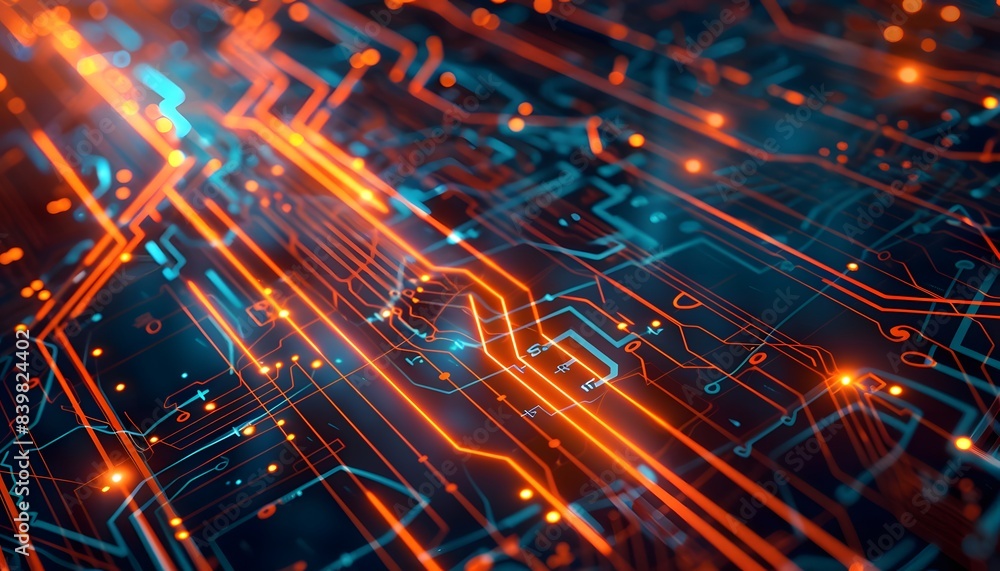 Fototapeta premium Illuminated lines and particleson futuristic digital circuit board. Modern tech concept.