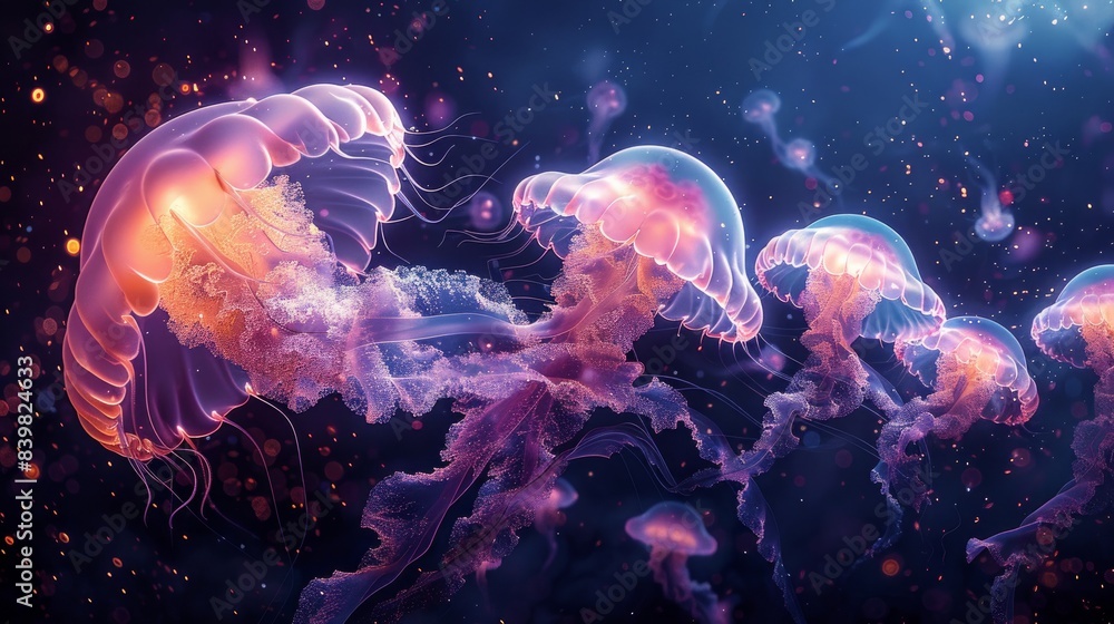 Naklejka premium Beautiful background of exotic light from jellyfish in the deep blue ocean.