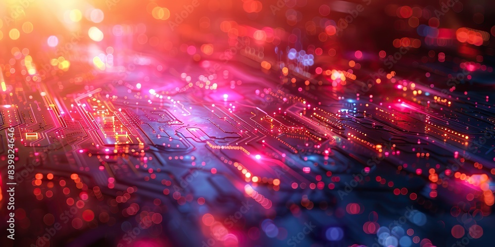 An abstract digital design with overlapping circuits and neon highlights. An abstract digital design with overlapping circuits and neon highlights.