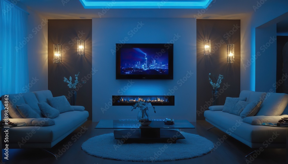 Fototapeta premium Modern living Interior At Night With Neon Light. Messy Bed, Clothes In Closet, Armchairs And Floor Lamp.