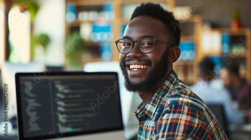 programador trabalhando em uma empresa de desenvolvimento de software plano geral plano geral profundidade de campo com foco no sorriso genuíno photo