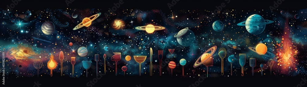 Naklejka premium A stunning celestial artwork depicting various planets, stars, and galaxies in a vibrant and colorful cosmic scene.
