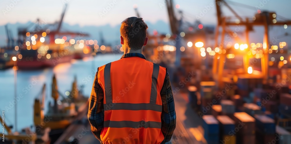Naklejka premium Gritty industrial scene of port with cargo containers and cranes, professional worker in high vis vest overlooking harbor at dusk, back view looking over shoulder towards camera