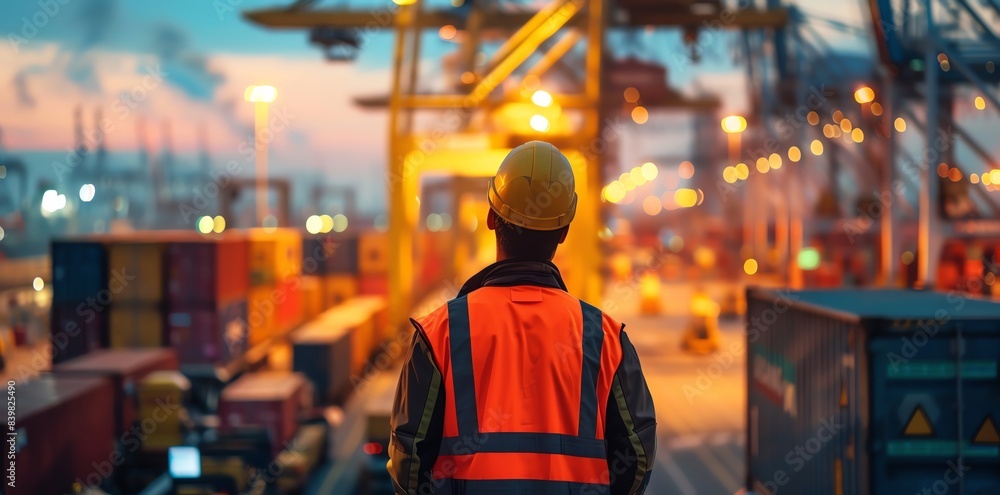 Gritty industrial scene of port with cargo containers and cranes, professional worker in high vis vest overlooking harbor at dusk, back view looking 