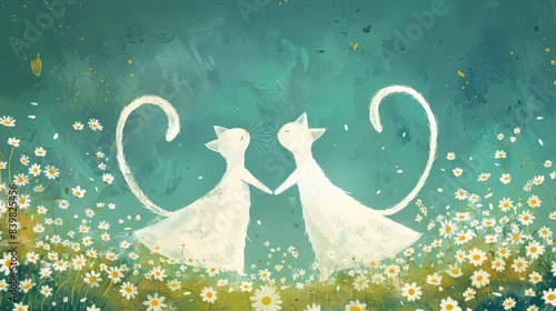 A whimsical illustration of a cat bride and groom dancing together in a field of daisies, their tails forming a heart shape photo