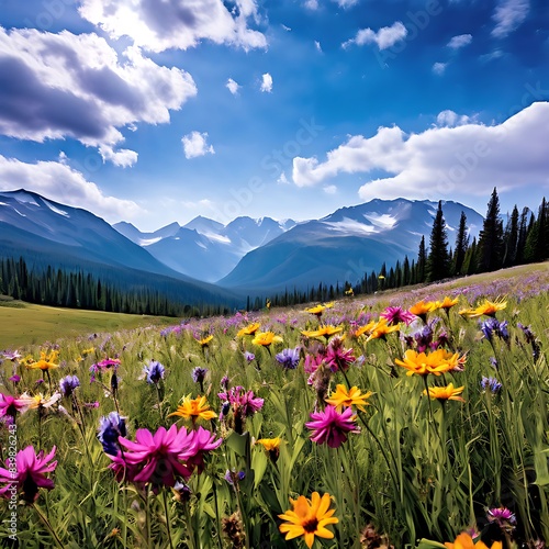 A panoramic photo of a colorful wildflower meadow stretching towards snow-capped mountains in the distance