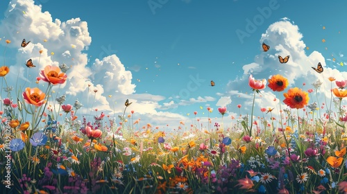 Vibrant meadow with diverse wildflowers, buzzing bees, and butterflies, under a clear blue sky photo