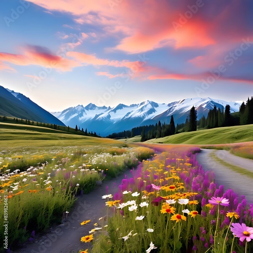 photo of a colorful wildflower meadow stretching towards snow-capped mountains in the distance