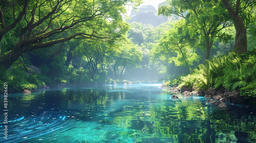Obraz premium Tranquil river winding through a dense forest, overhanging trees and crystal clear water, serene and peaceful