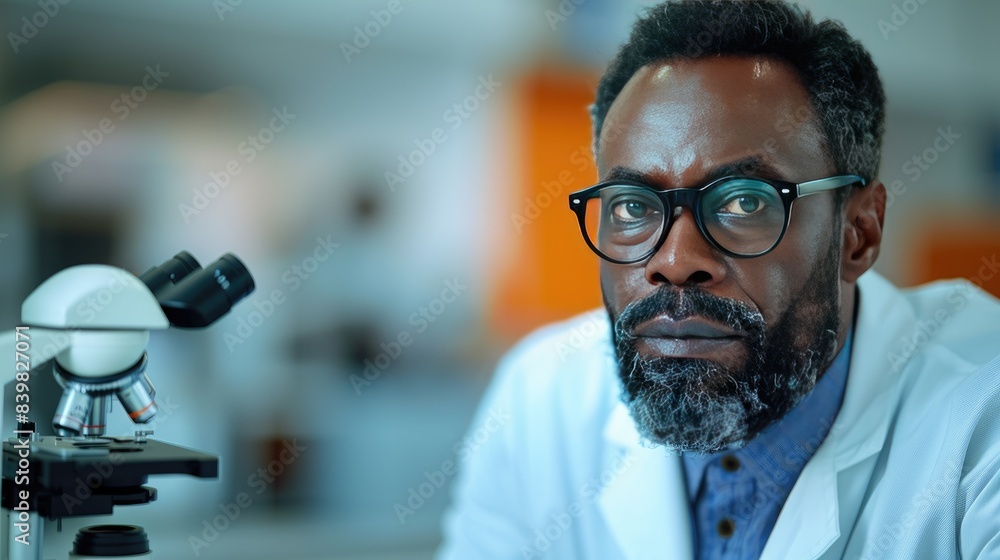 African American guy scientist in the laboratory looking through a microscope, British science week, banner  