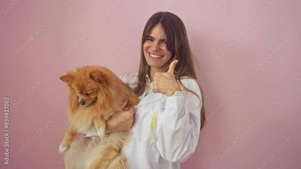 Young hispanic woman, smiling and positive, stands over an isolated pink background, giving a thumb up sign of approval and excellence