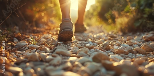 Close up of a man's feet walking on a pebbled path in a natural environment during the golden hour light