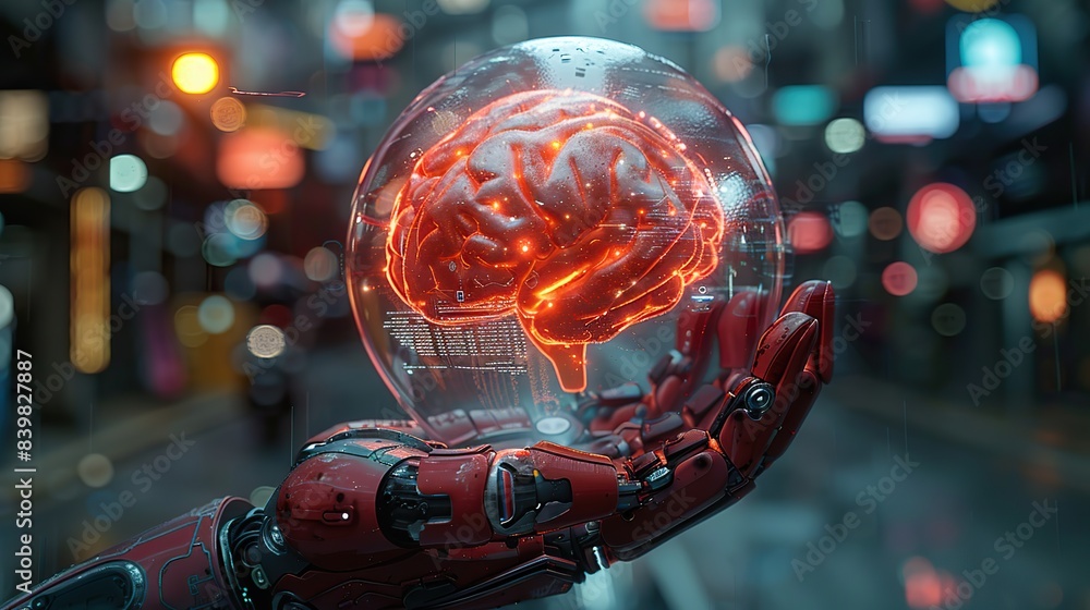 A futuristic robot hand holding a glowing brain symbolizing AI development. A futuristic robot hand holding a glowing brain symbolizing AI development.