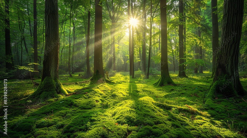 Naklejka premium Lush forest with tall trees and a carpet of green moss, sunlight filtering through the canopy, serene and vibrant