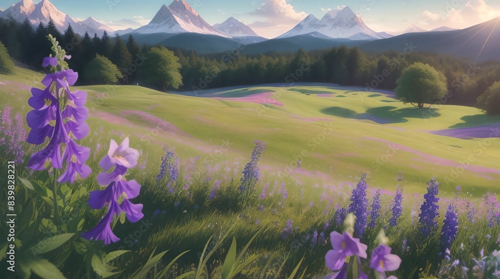 Obraz premium A breathtaking landscape featuring a lush, vibrant meadow filled with colorful wildflowers, stretching towards a range of majestic mountains