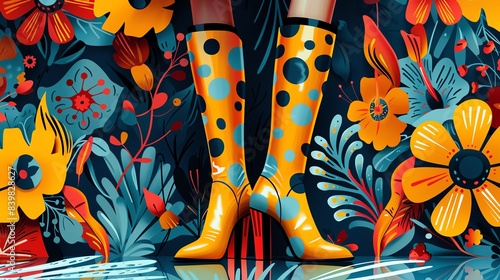 Illustration of stylish boots, modern and chic design, bold colors and intricate details
