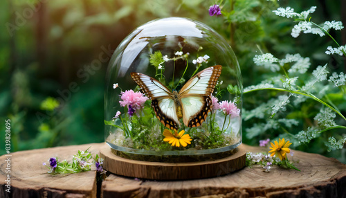 A delicate butterfly encased in a glass dome, surrounded by small flowers and greenery on a wooden base photo