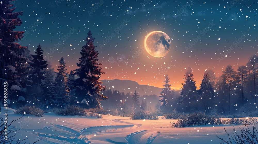 Naklejka premium Illustration of a winter night sky with twinkling stars and a full moon, serene and magical