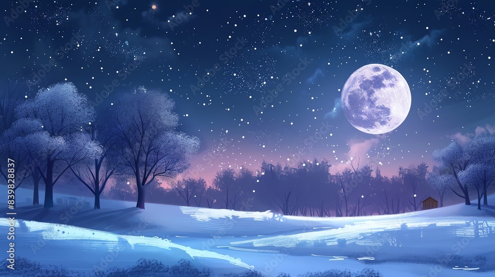Naklejka premium Illustration of a winter night sky with twinkling stars and a full moon, serene and magical