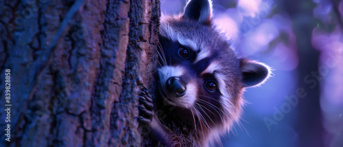 Fototapeta Naklejka Na Ścianę i Meble -  A close-up shot of a curious raccoon peeking out from behind a tree trunk, its sharp claws gripping the bark, with a twilight forest bathed in purple and blue hues behind it