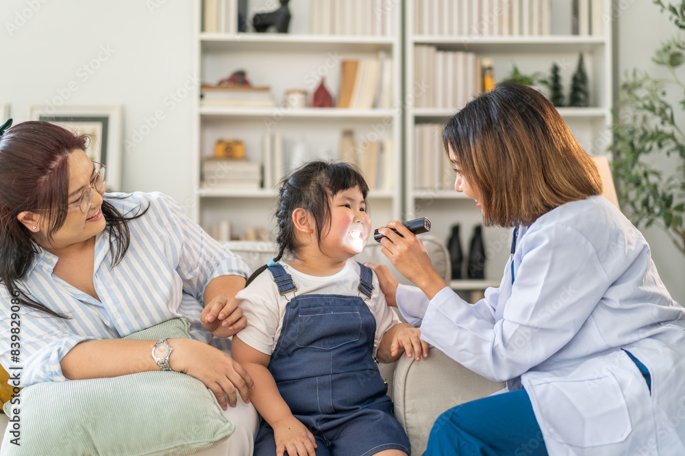 Portrait of smiling caring asian doctor service help support discussing and consulting taking care with small girl patient, child health, kid sick, medicine, medical checkup. children healthcare Portrait of smiling caring asian doctor service help support discussing and consulting taking care with small girl patient, child health, kid sick, medicine, medical checkup. children healthcare