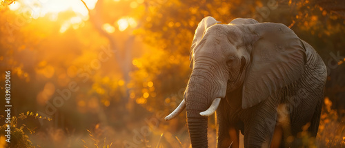 An image of a majestic African elephant standing tall in the savannah, the sun setting behind it casting long shadows and highlighting the texture of its wrinkled skin