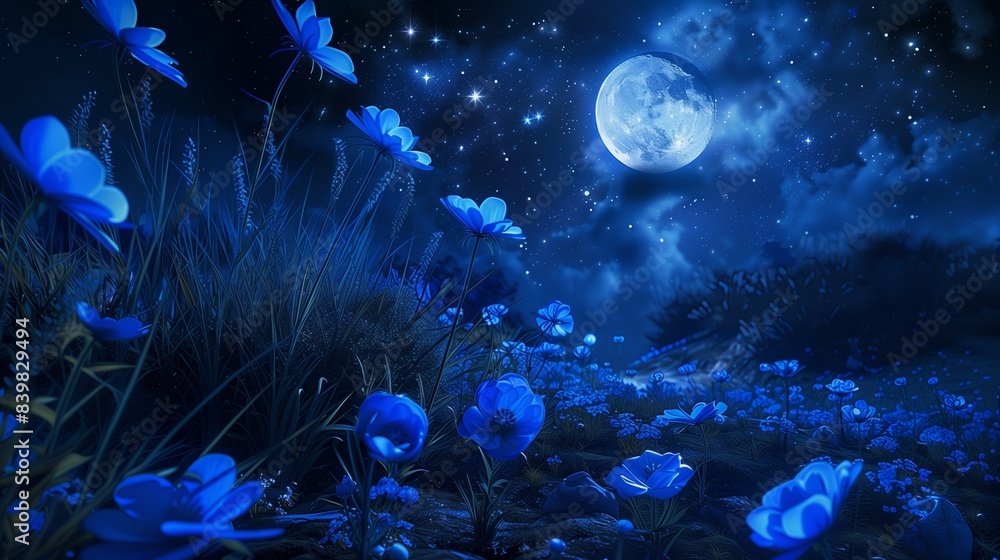 Obraz premium Tranquil night scene with Blue Moon illuminating blue flowers and stars glowing with sapphire brilliance, oil painting effect focusing on serenity