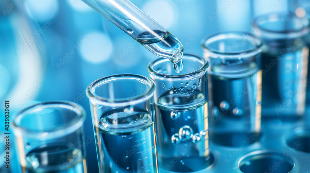 Close-up of medical pipette dropping liquid into chemical test tubes, aesthetic medical research concept. Generative AI Close-up of medical pipette dropping liquid into chemical test tubes, aesthetic medical research concept. Generative AI